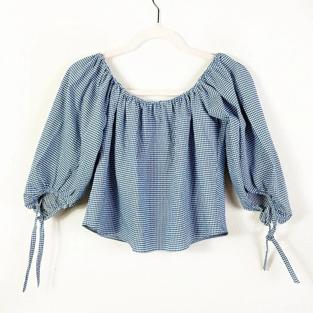 Zara Gingham Checkered Blue White Off Shoulder Cropped Top Tie Sleeves size XS - Picture 4 of 10